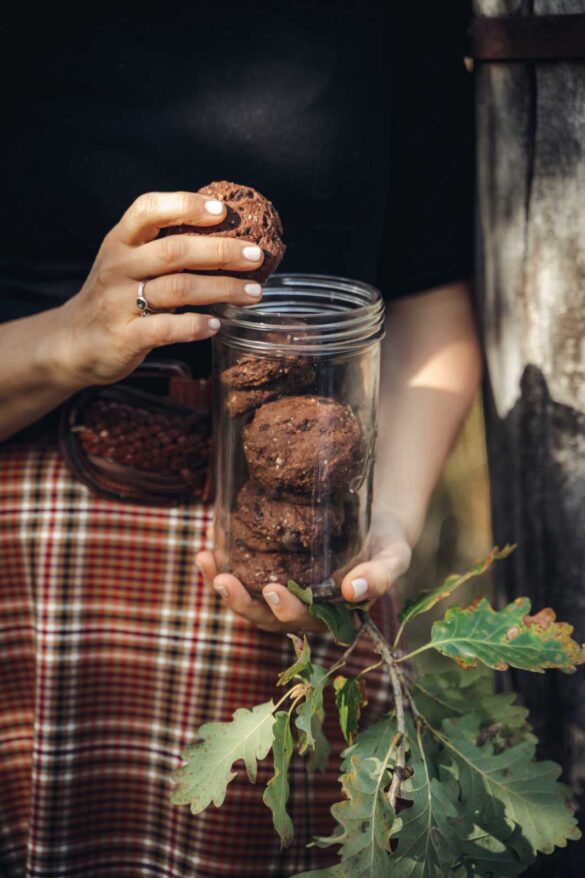 due mani di donna che contengono un contenitore di vetro con dentro dei cookies vegani al cacao