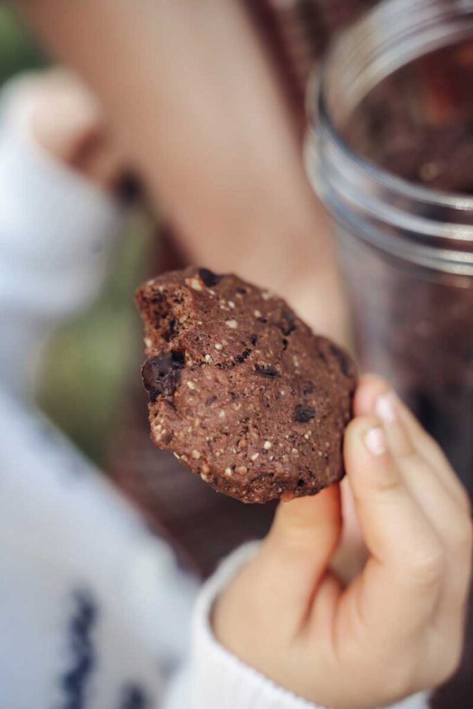 una mano di bimba che tiene in mano un biscotto al cacao